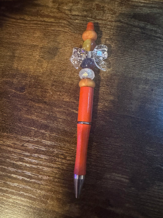 Beaded Pen Orange / White Bow